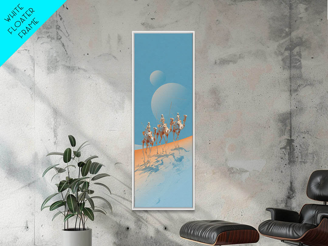 White Camel Riders Beneath Pale Blue Moons Framed Canvas Print, African Safari Art, Dreamy Desert Decor, Unique Wall Artwork