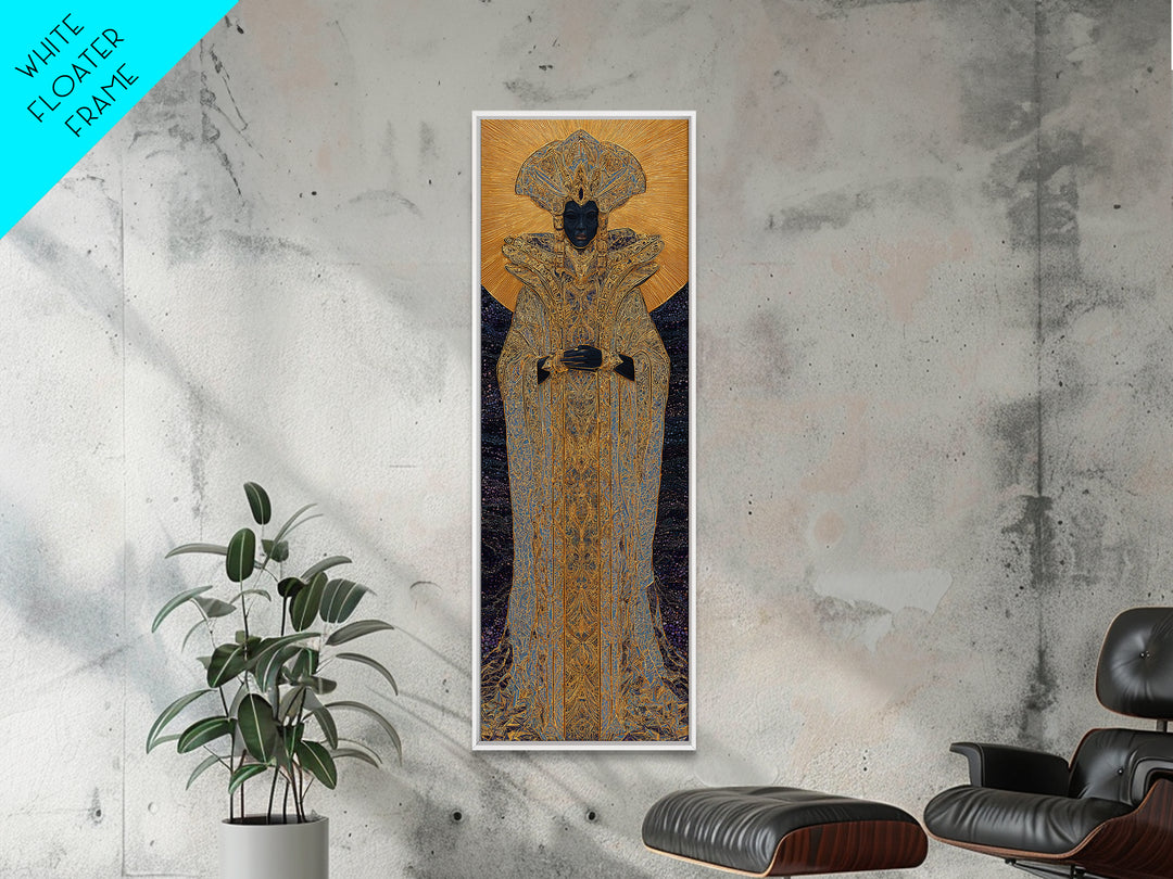 Regal Black Queen In Ornate Gold Robe Framed Canvas Print, African Woman Art, Afrocentric Decor, Luxury Portrait Wall Art