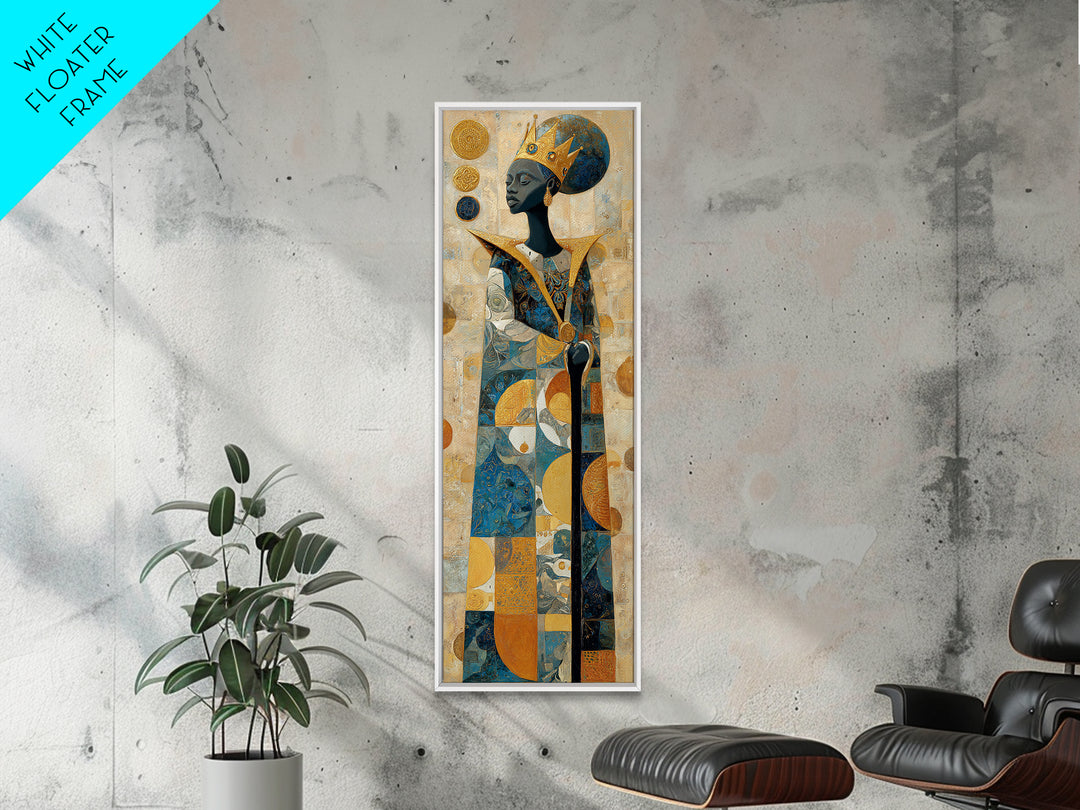 Crowned African Queen With Gold And Teal Geometry Canvas Print, Black Woman Art, Afrocentric Wall Decor, Elegant Home Gift