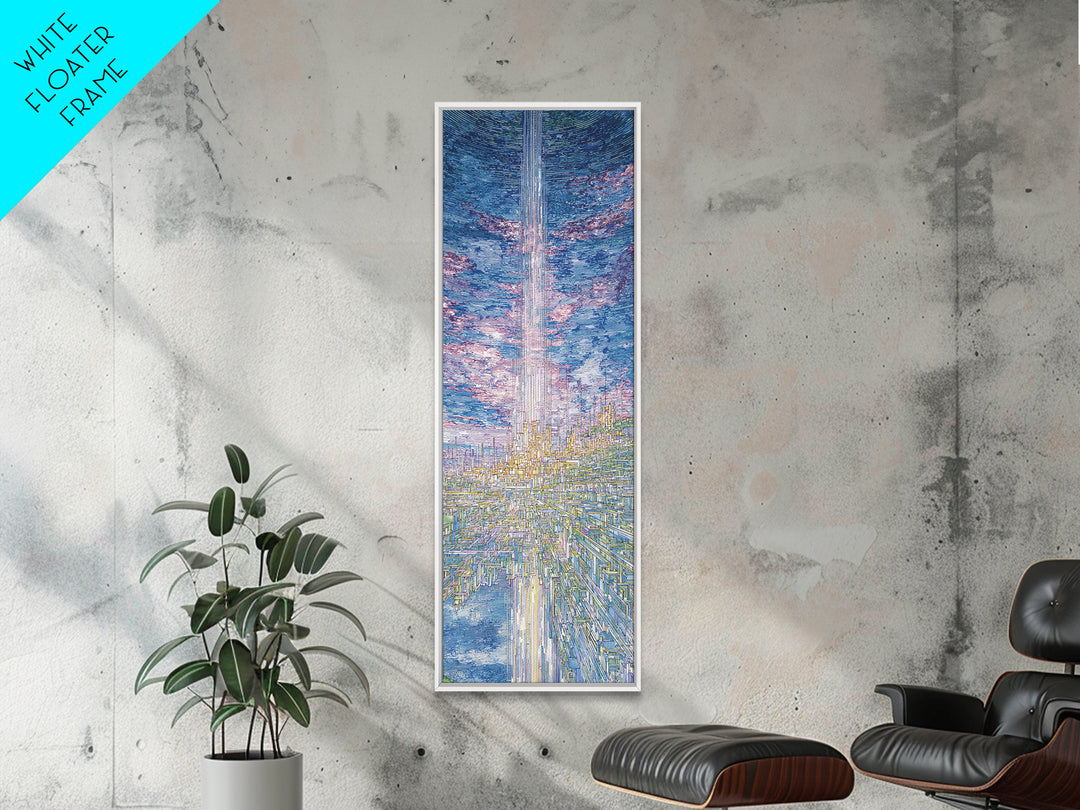 Radiant Sky Beam Utopia Framed Canvas Print, Futuristic City Wall Art, Blue Cloudscape, Dreamy Modern Home Decor, Large Decor Art