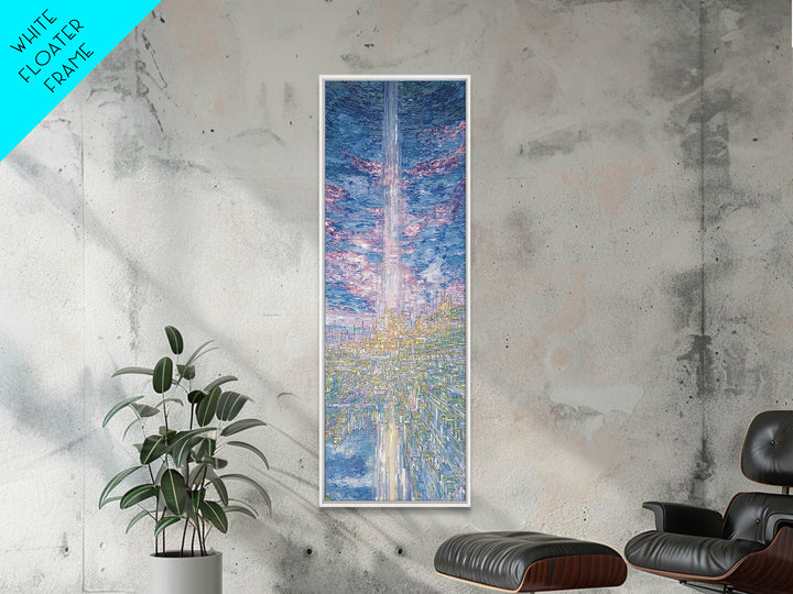 Radiant Sky Beam Utopia Framed Canvas Print, Futuristic City Wall Art, Blue Cloudscape, Dreamy Modern Home Decor, Large Decor Art