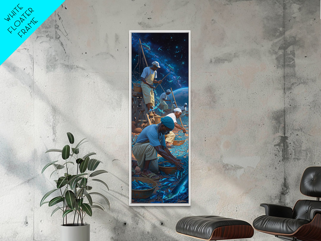 Starlit Fishermen Sorting Blue Catch Framed Canvas Print, Cosmic Seascape Wall Art, Coastal Work Scene, Unique Decor, Gift For Him