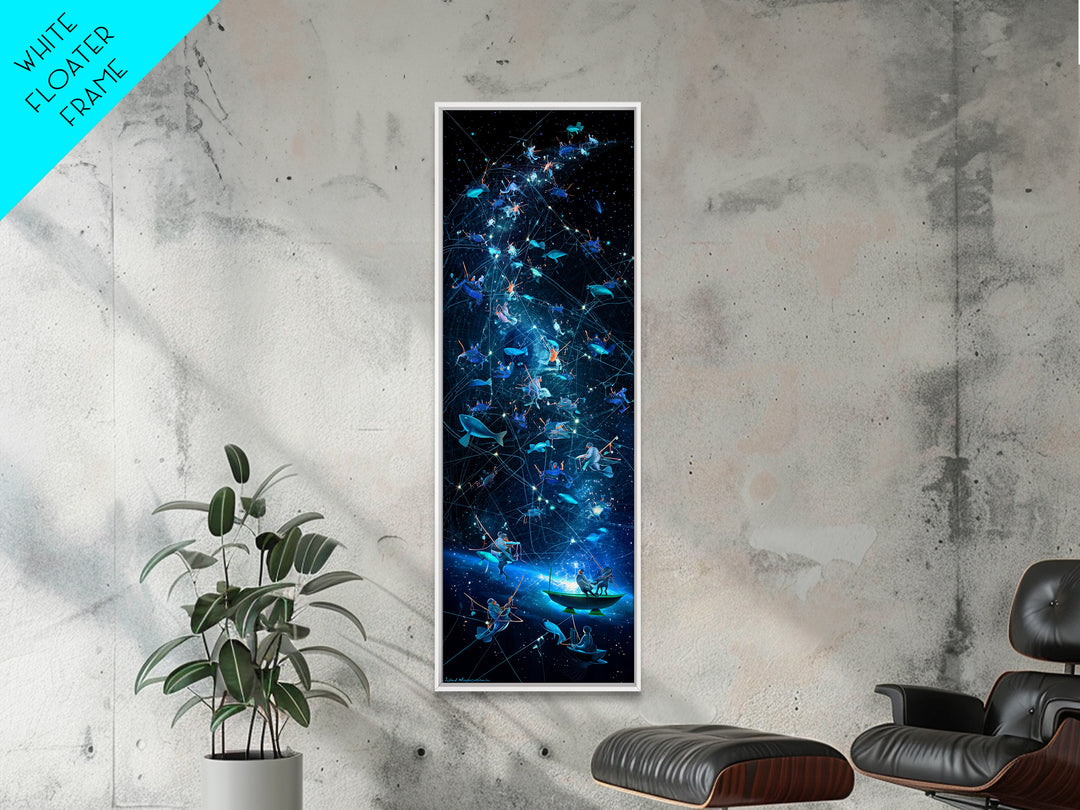 Glowing Fish Constellation Wall Art, Cosmic Ocean Canvas Print, Blue Galaxy Sea Life, Dreamy Nautical Modern Decor, Large Decor Art
