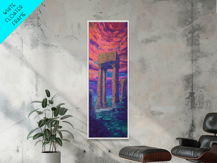 Ancient Stone Portal At Neon Sea Wall Art, Surreal Ruins Landscape, African Inspired Decor, Fantasy Sunset Canvas Print Gift