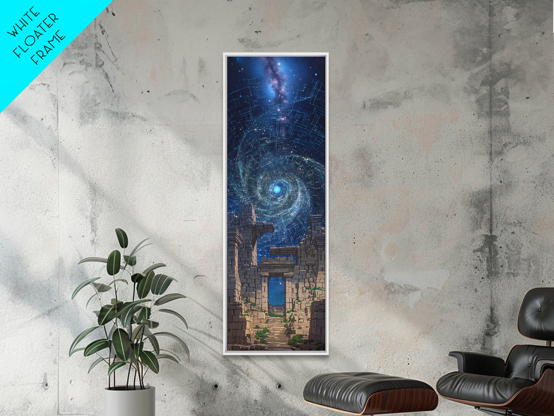 Cosmic Spiral Portal Over Ancient Ruins Canvas Print, Starry Galaxy Wall Decor, Mystical Wall Art, Blue Fantasy Gift For Her