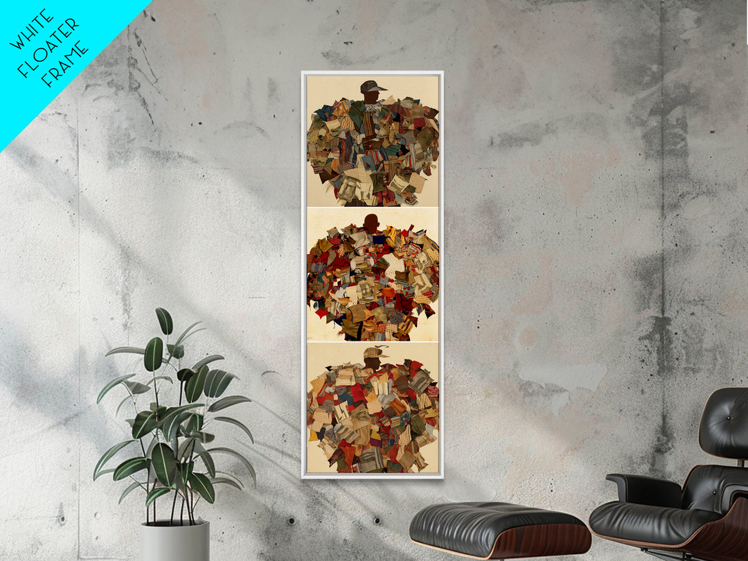 Patchwork Collage Figure Triptych Wall Art, African Fabric Abstract Portraits, Boho Textile Decor, Modern Canvas Print Gift