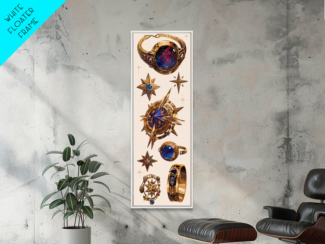Celestial Compass Jewelry Canvas Print, Gold Star Rings Wall Art, Luxury Fashion Decor, Mystic Galaxy Home Decor Gift For Her