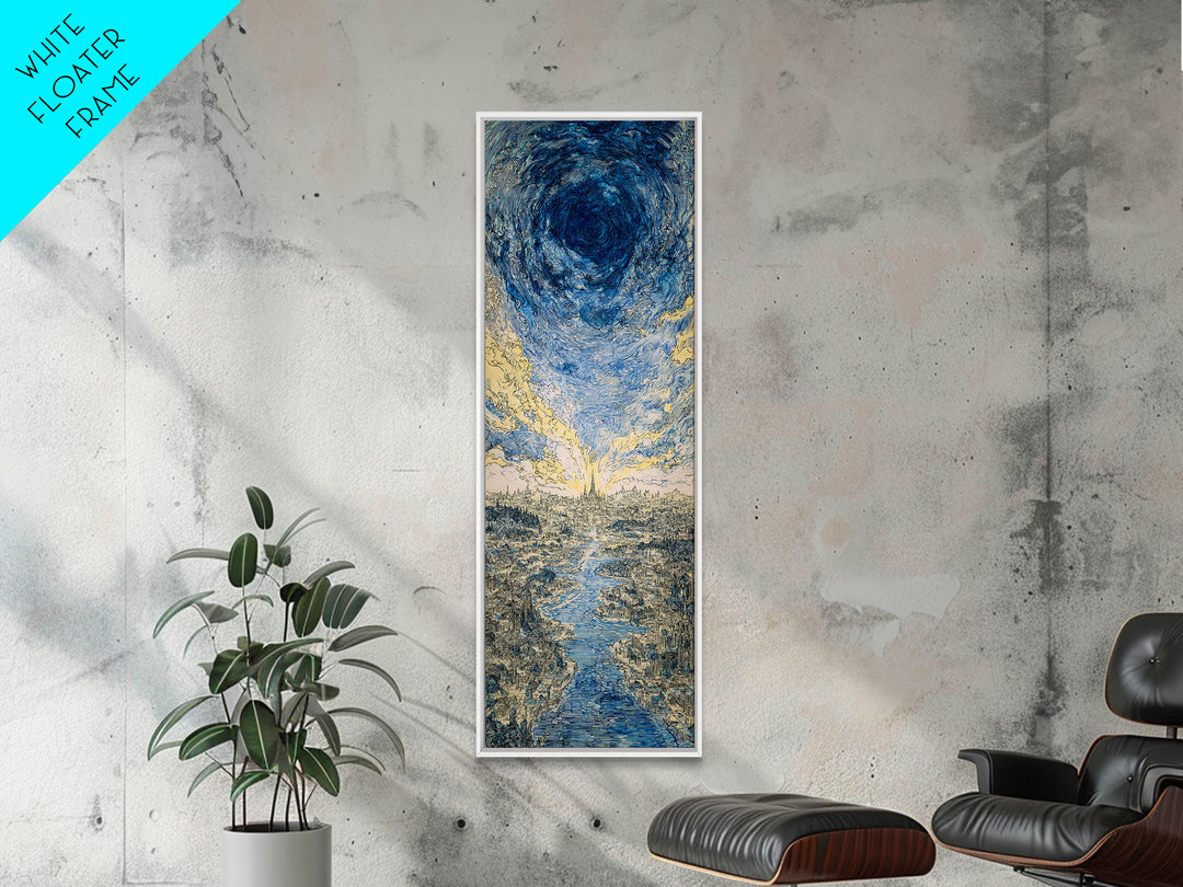 Blue Vortex Sky Above River Valley Wall Art, Abstract Landscape Canvas Print, Modern Nature Scene Art, Dreamy Home Decor