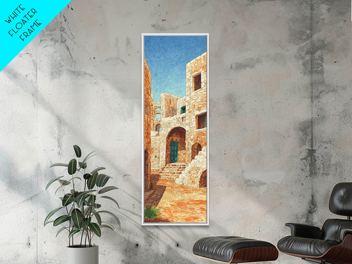 Sunlit Stone Medina Alley Canvas Print, Moroccan Blue Door Wall Art, African Travel Decor, Rustic Beige Home Decor Gift Print