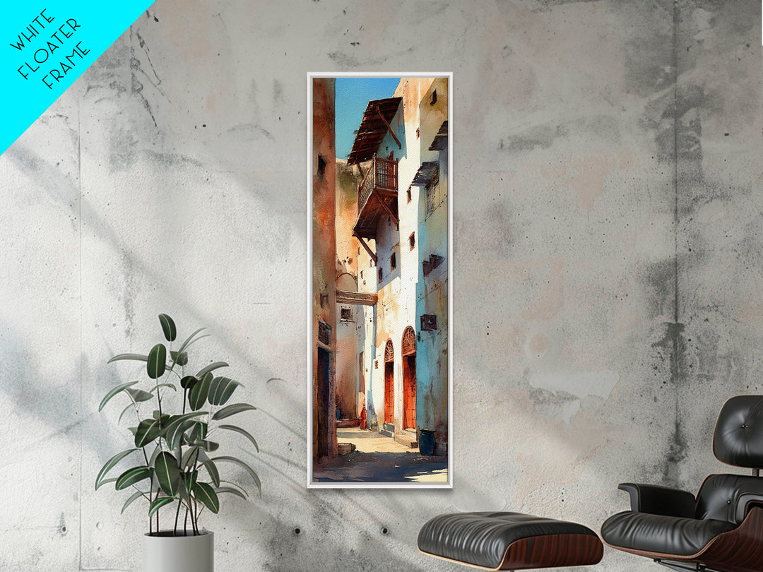 Narrow Old Town Alley Framed Canvas Print, Moroccan Street Wall Art, African Inspired Rustic Decor, Mediterranean Home Gift