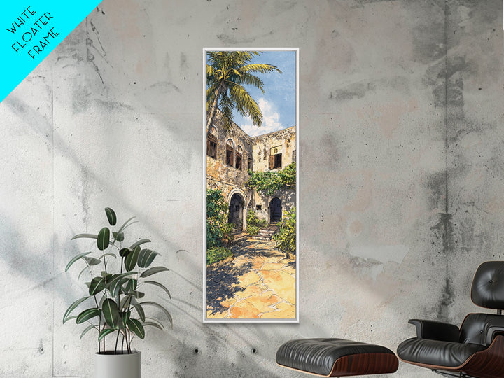 Tropical Ruin Courtyard Wall Art, Zanzibar Palm Architecture Canvas Print, African Travel Decor, Botanical Home Decor Gift