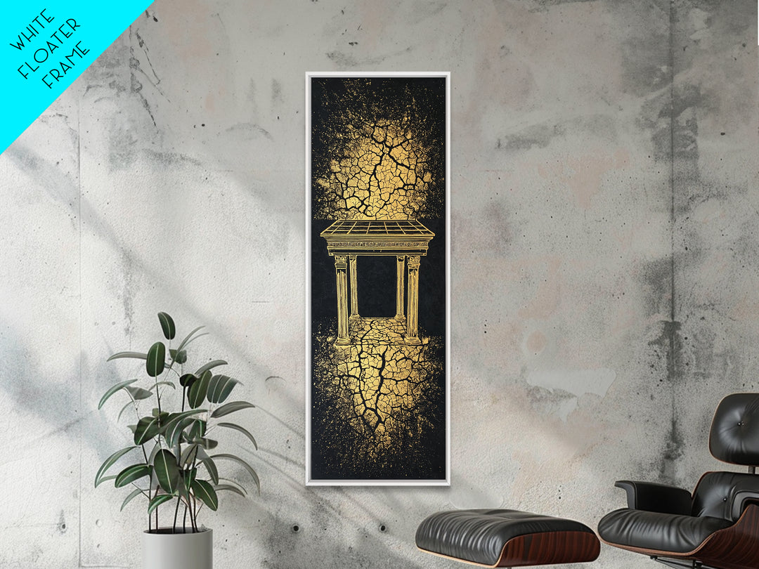 Golden Temple Portal Wall Art, Cracked Black Abstract African Inspired Decor, Ancient Ruins Canvas Print For Elegant Home