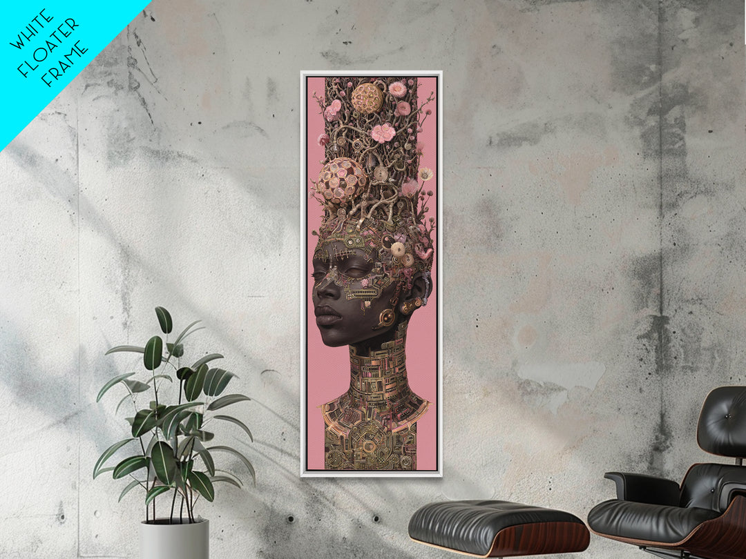 Regal Black Woman With Floral Tech Headdress Framed Canvas Print, African Queen Wall Art, Afrocentric Decor Gift For Her