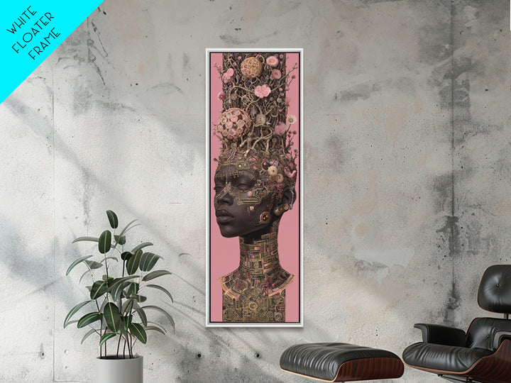 Regal Black Woman With Floral Tech Headdress Framed Canvas Print, African Queen Wall Art, Afrocentric Decor Gift For Her