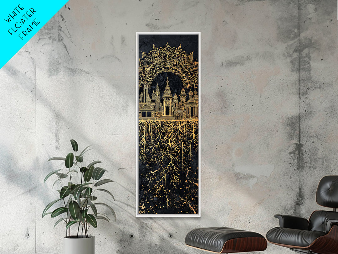 Gold Islamic Arch And Rooted Palace Framed Canvas Print, Black Spiritual Wall Art, Ornate Cultural Decor, Luxury Gift For Home