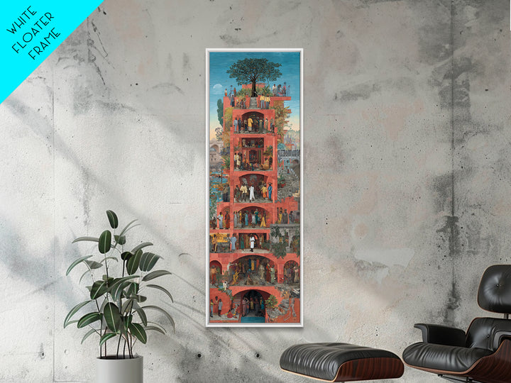 Red Vertical Community Tower Canvas Print, African City Life Wall Art, Tree Rooftop Garden, Cultural Home Decor Gift For Her