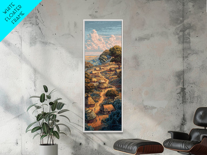 Sunlit Hillside African Village Framed Canvas Print, Boho Landscape Wall Decor, Nature Scene Art, Warm Earth Tone Gift Idea