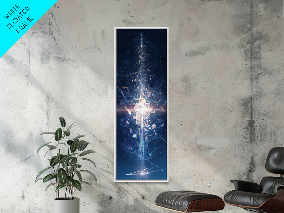 Futuristic Blue Light Tower In Dark Digital City, Canvas Print, Modern Abstract Wall Art, Afrofuturism Office Decor Gift