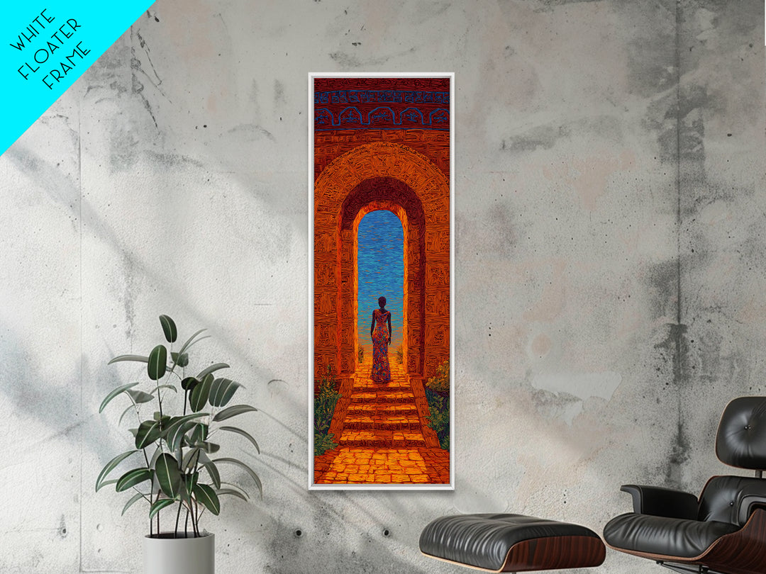 African Woman In Ornate Arch Wall Art, Blue Sea Doorway Painting, Afrocentric Decor, Cultural Travel Canvas Print Gift Idea