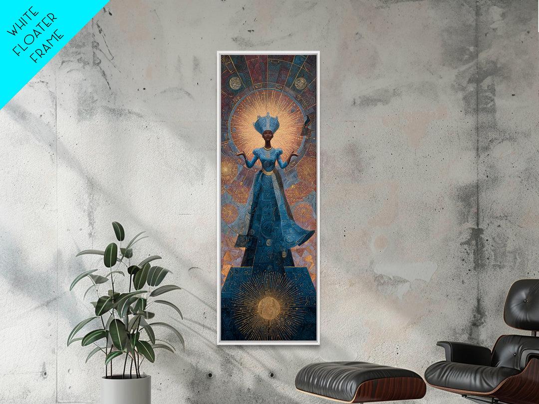Blue African Goddess With Crown And Radiant Halo Framed Canvas Print, Black Queen Portrait, Afrocentric Luxury Wall Decor