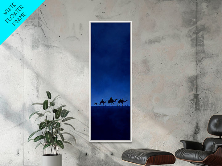Minimal Blue Camel Caravan Wall Art, African Desert Landscape Print, Safari Decor, Boho Travel Canvas For Calm Living Room