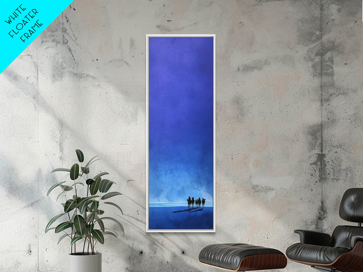 Blue Minimal Camel Riders Canvas Print, African Travel Wall Art, Sahara Desert Decor, Modern Safari Artwork For Peaceful Home