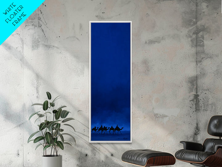 Midnight Blue Camel Caravan Wall Art, African Desert Landscape Print, Minimal Safari Decor, Large Canvas For Modern Home