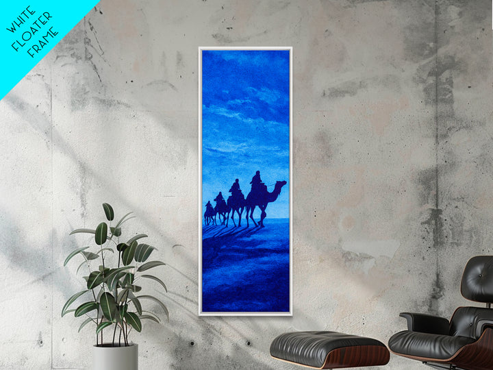 Bright Blue Camel Caravan Canvas Print, African Travel Wall Art, Sahara Desert Decor, Minimal Safari Artwork For Serene Home