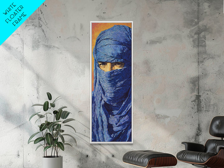 Blue Veiled Desert Man Wall Art, African Portrait Canvas Print, Tuareg Nomad Artwork, Bold Orange Cultural Home Decor Gift