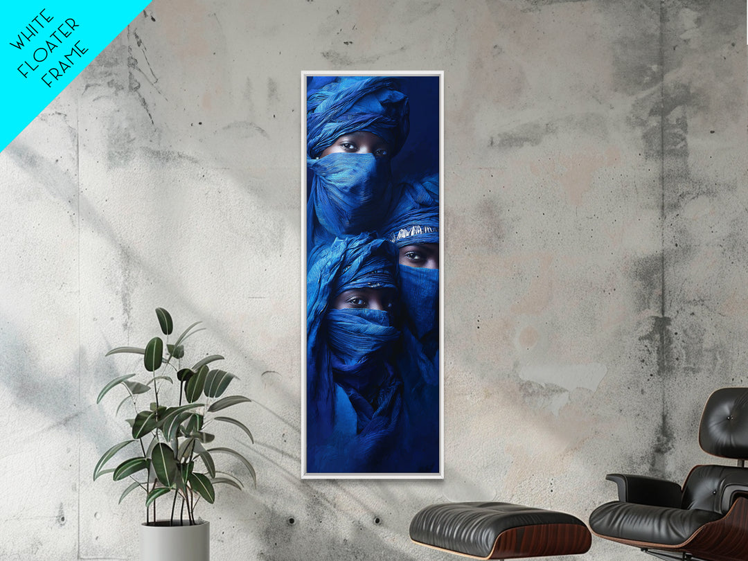 Three Blue Veiled Nomads Framed Canvas Print, African Portrait Art, Tuareg Portrait Wall Art, Indigo Afrocentric Decor Gift