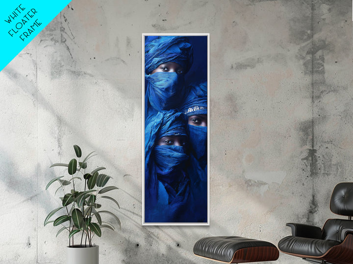 Three Blue Veiled Nomads Framed Canvas Print, African Portrait Art, Tuareg Portrait Wall Art, Indigo Afrocentric Decor Gift