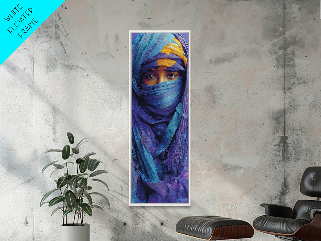 Turquoise Veiled African Woman Wall Art, Blue Purple Portrait Canvas Print, Desert Nomad Decor, Black Beauty Art Gift For Her