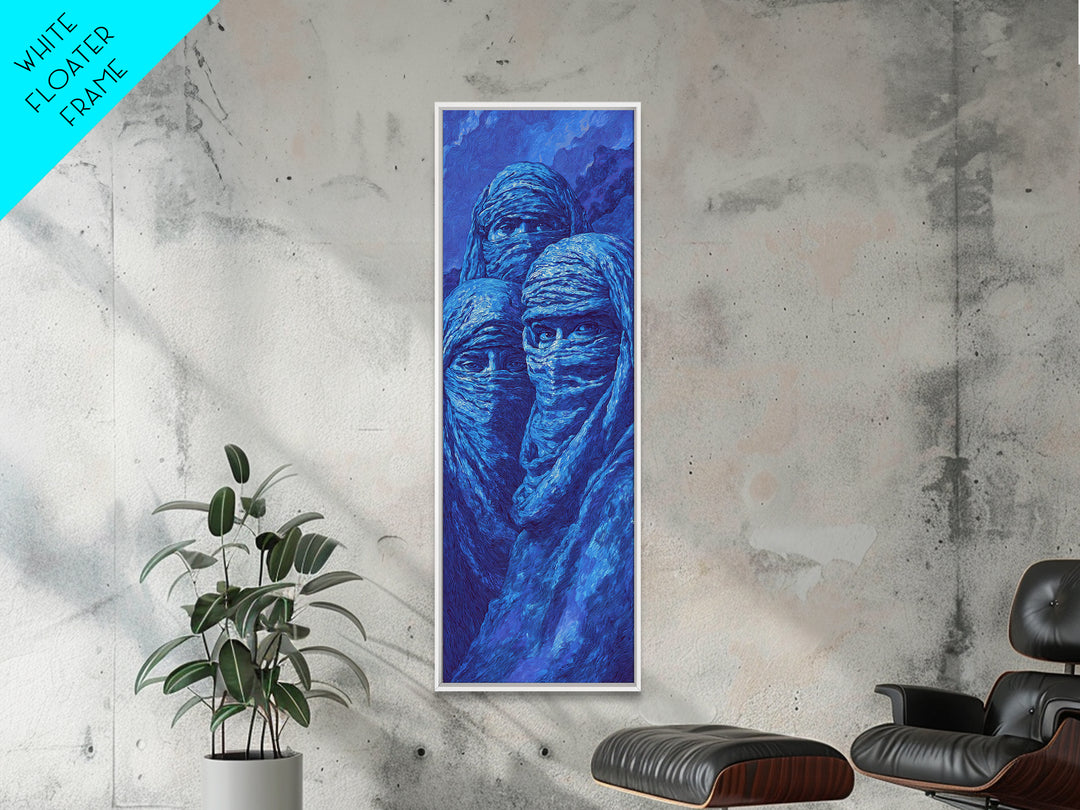 Mystic Blue Veiled Trio Canvas Print, Abstract African Portrait Wall Art, Tuareg Nomad Decor, Spiritual Indigo Artwork Gift