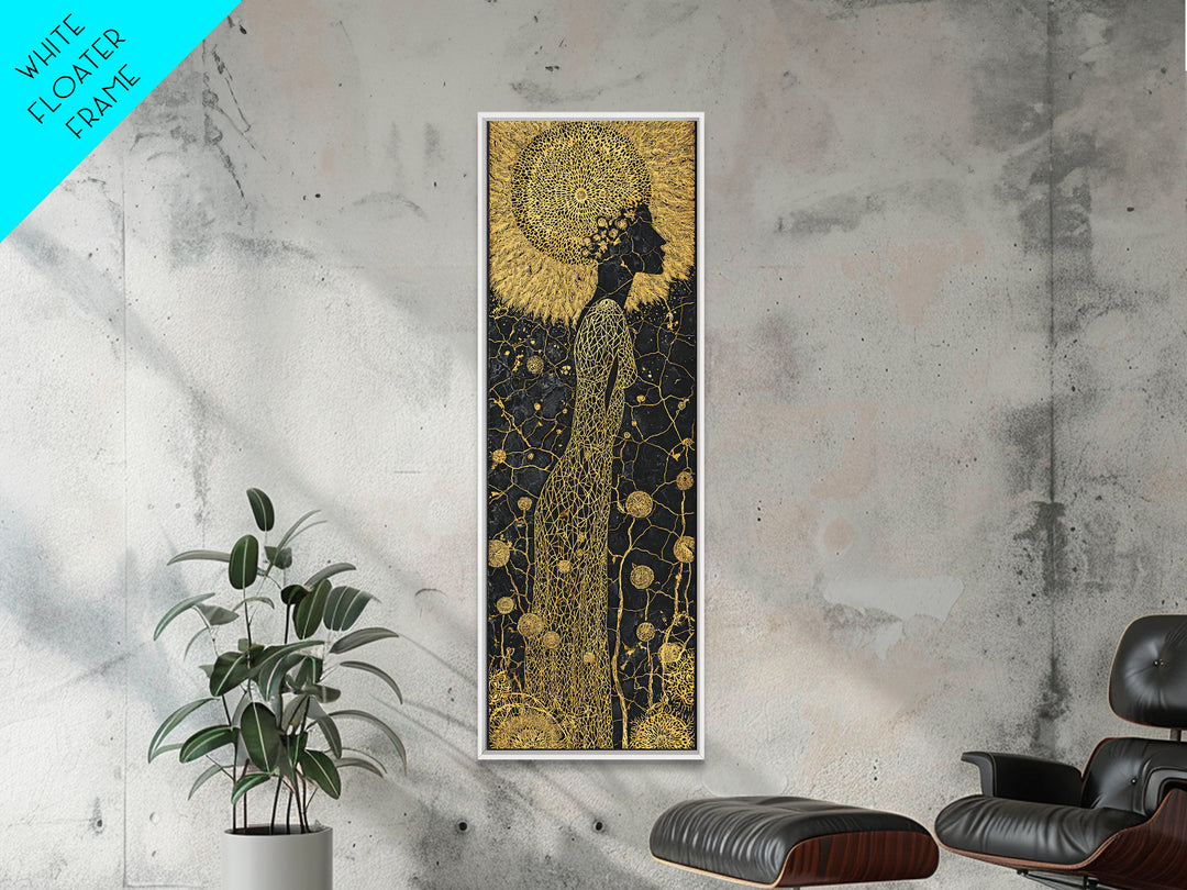 Gold Black African Woman Canvas Print, Elegant Silhouette Floral Pattern, Black Goddess Art, Luxury Afrocentric Wall Decor