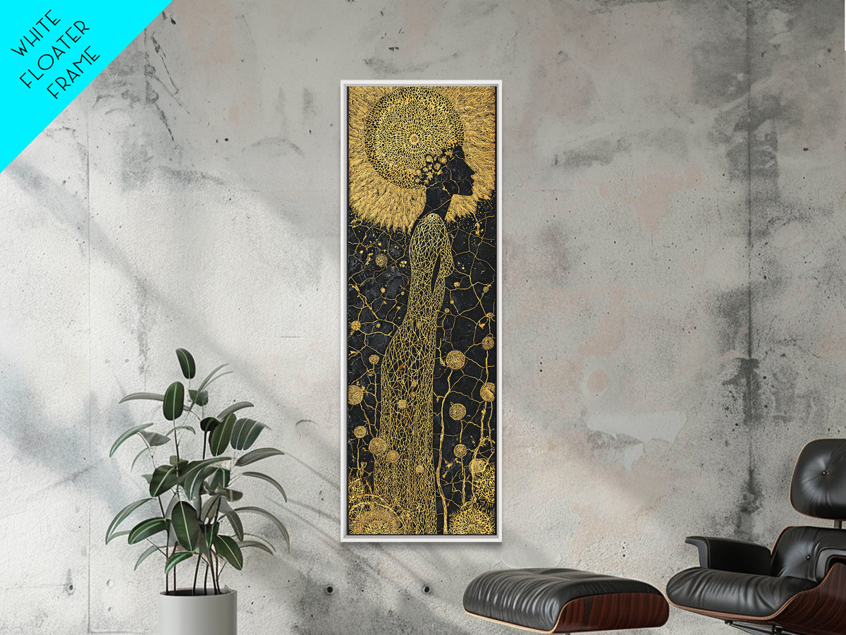 Gold Black African Woman Canvas Print, Elegant Silhouette Floral Pattern, Black Goddess Art, Luxury Afrocentric Wall Decor