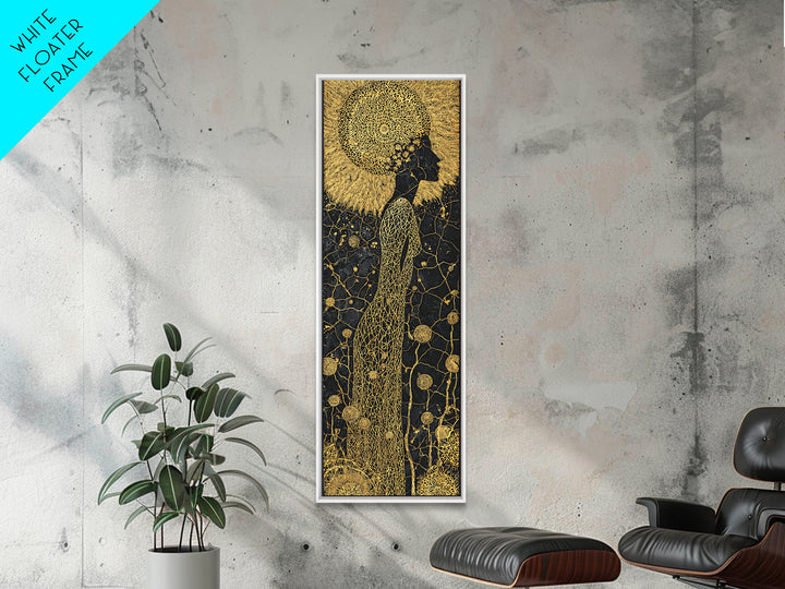 Gold Black African Woman Canvas Print, Elegant Silhouette Floral Pattern, Black Goddess Art, Luxury Afrocentric Wall Decor