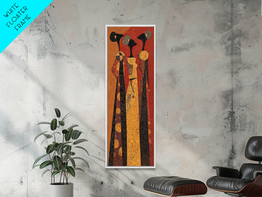 Stylized African Women In Tall Robes Framed Canvas Print, Tribal Queen Wall Art, Ankara Pattern Afrocentric Home Decor Gift