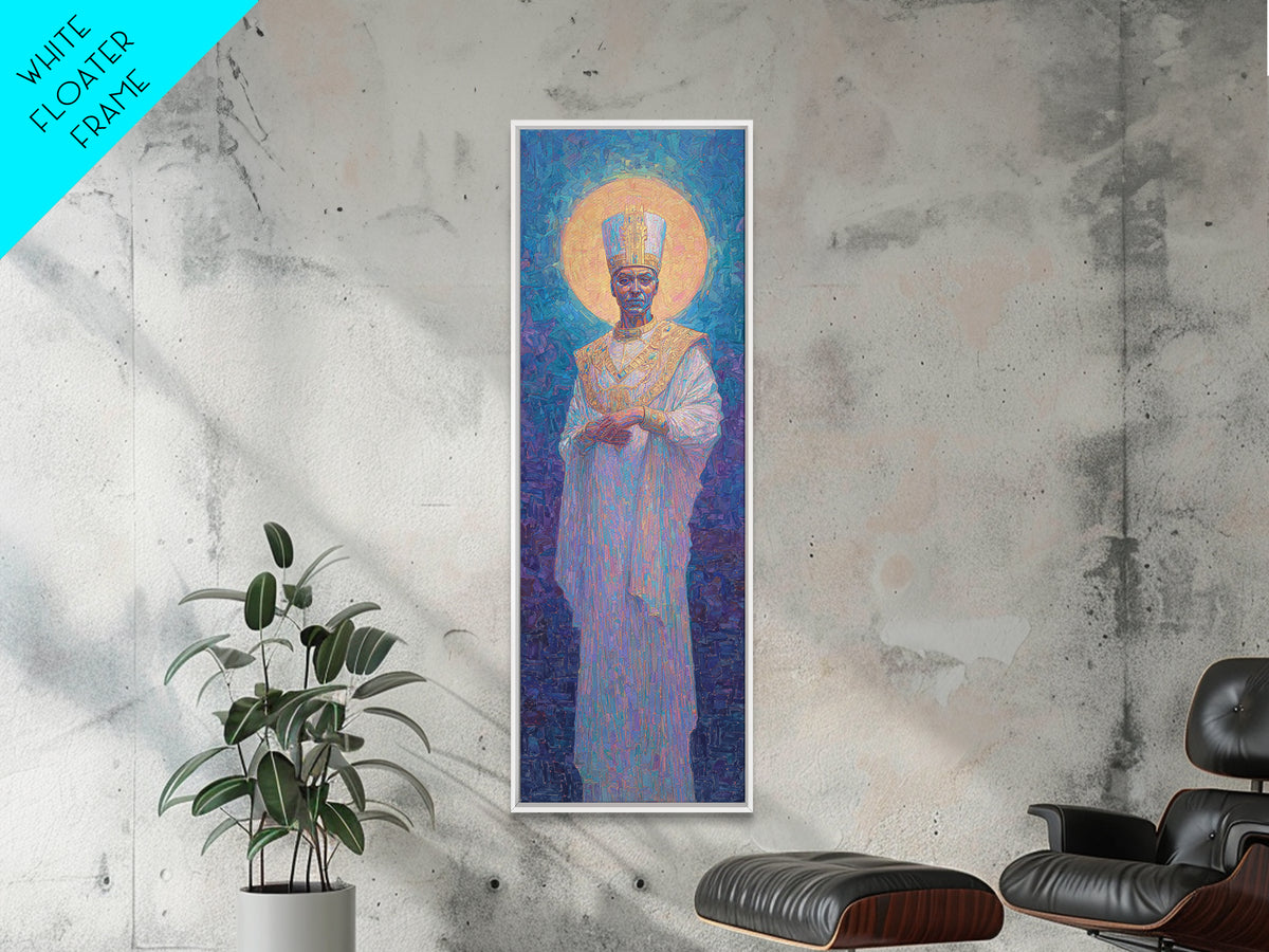Haloed African King In White Robe Canvas Print, Afrocentric Wall Decor, Royal Portrait, Spiritual Art, Elegant Home Decor
