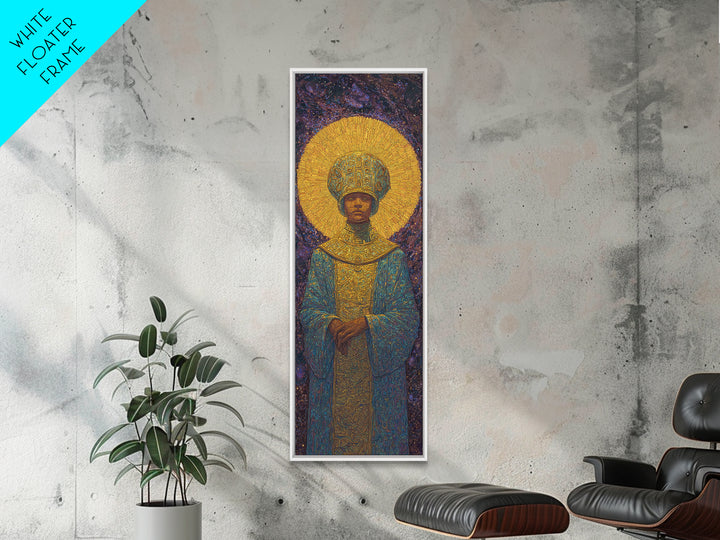 Golden Halo African Monarch Framed Canvas Print, Royal Black Art, Afrocentric Wall Decor, Spiritual Portrait, Statement Art