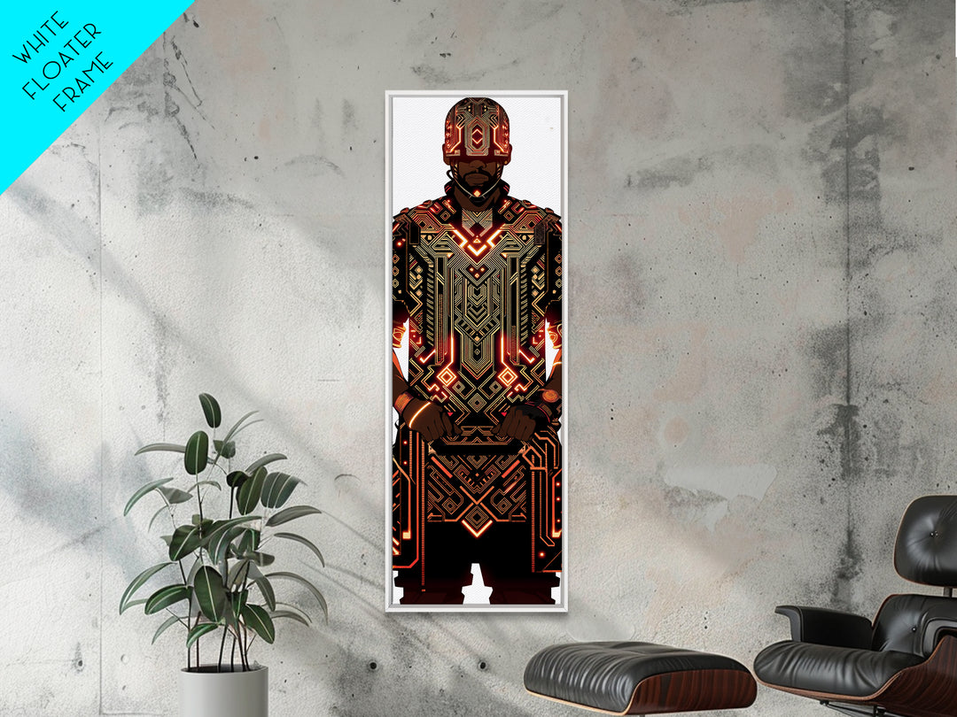 Futuristic African Warrior In Glowing Armor Canvas Print, Afrofuturism Decor, Tribal Art, Black Man Portrait, Bold Wall Decor