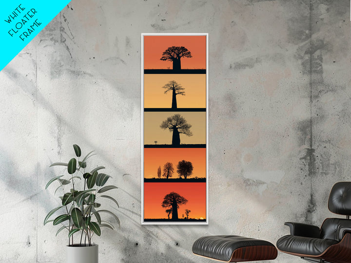 Minimal Baobab Horizon Panels, African Wall Art, Sunset Tree Silhouette, Modern Safari Decor, Vertical Framed Canvas Print