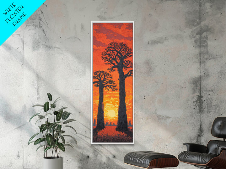 Twin Baobab Trees At Fiery Sunset, African Wall Art, Safari Landscape, Orange Motherland Decor, Framed Canvas Print Gift
