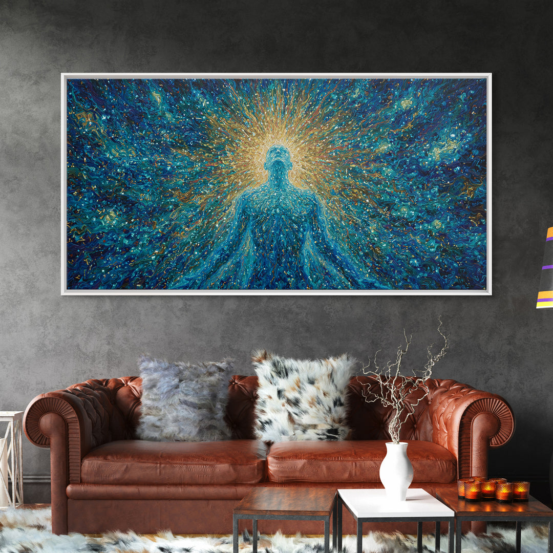 Glowing Spirit Figure In Cosmic Blue Framed Canvas Print, Spiritual Wall Art, Afrocentric Decor, Mystical Abstract Art, Meditation Decor