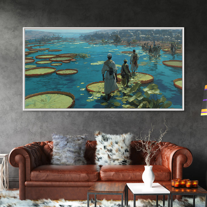 Figures Crossing Giant Lily Pads Canvas Print, African Landscape Wall Decor, Surreal Nature Scene Art, Blue Wetland Home Decor