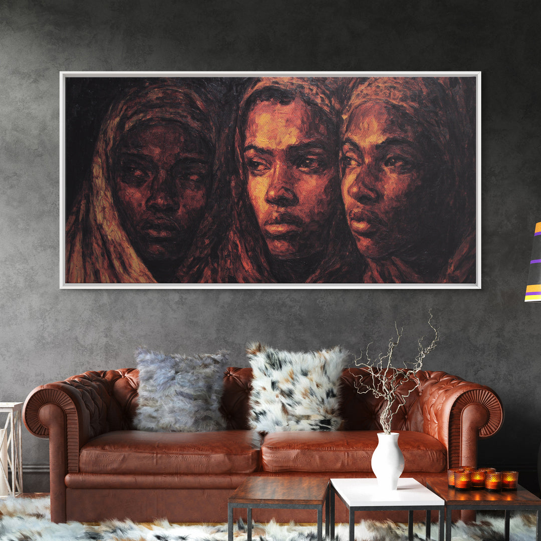 Three African Women Portrait Wall Art, Black Female Art, Afrocentric Decor, Burnt Orange Canvas, Elegant Cultural Home Decor Gift