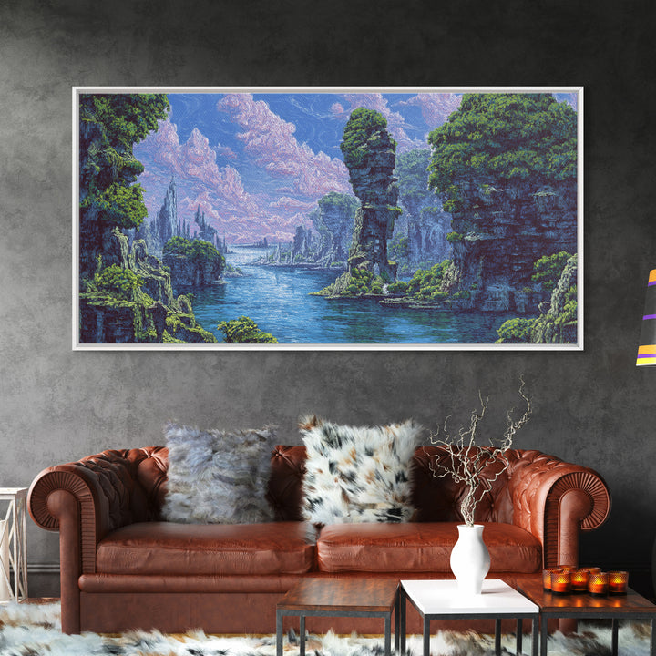 Serene Blue River Cliffs Framed Canvas Print, African Landscape, Nature Scene Art, Dreamy Wall Art For Elegant Home Decor