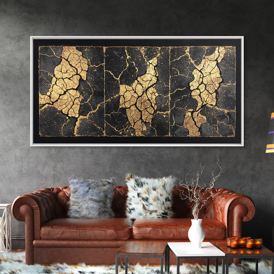 Black And Gold Cracked Triptych Abstract Wall Art, African Inspired Luxury Canvas Decor, Modern Textured Statement Print
