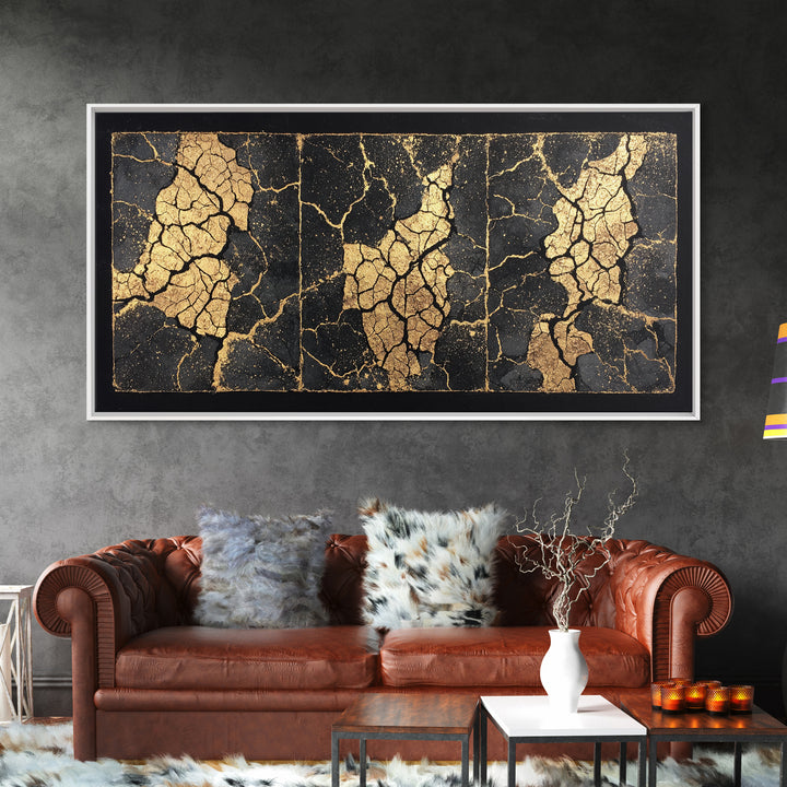 Black And Gold Cracked Triptych Abstract Wall Art, African Inspired Luxury Canvas Decor, Modern Textured Statement Print