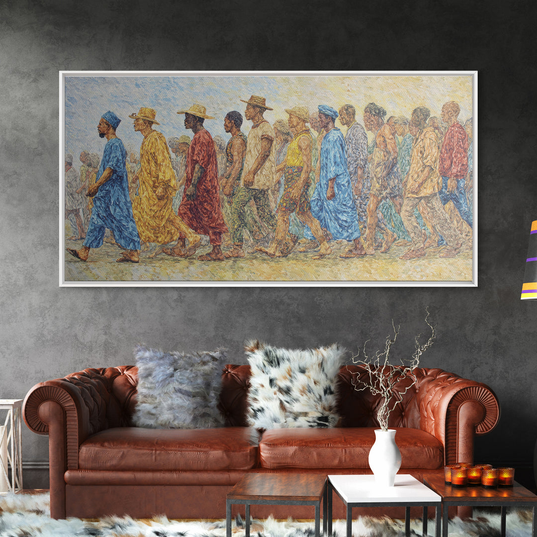 African Procession In Sunlit Robes Canvas Print, Cultural Wall Decor, Panoramic Black Art For Living Room And Office Gallery