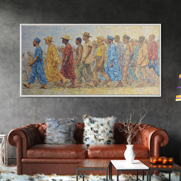 African Procession In Sunlit Robes Canvas Print, Cultural Wall Decor, Panoramic Black Art For Living Room And Office Gallery